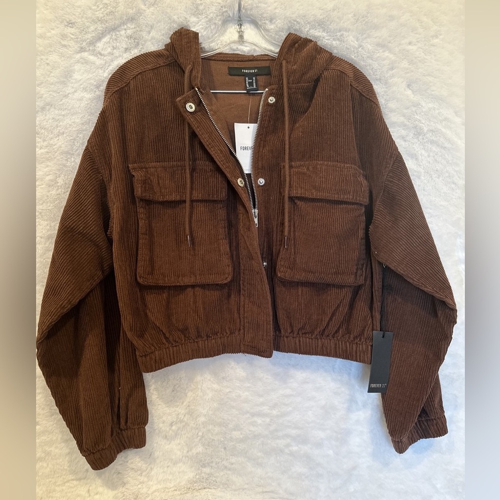 Forever 21 Brown Corduroy Hoodie Small Zipper Buttons Drawstring Pocket Like New